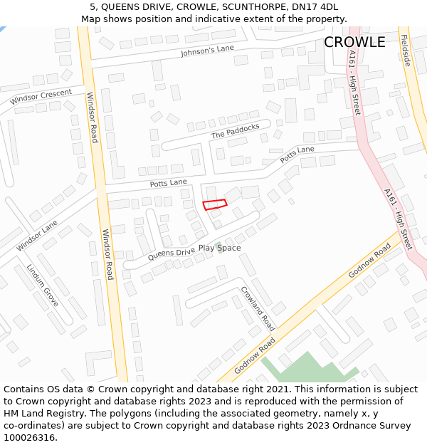 5, QUEENS DRIVE, CROWLE, SCUNTHORPE, DN17 4DL: Location map and indicative extent of plot