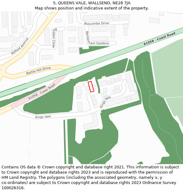 5, QUEENS VALE, WALLSEND, NE28 7JA: Location map and indicative extent of plot