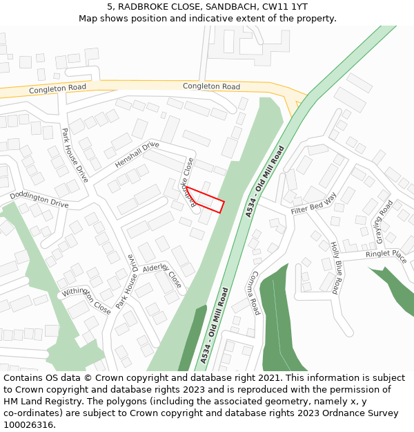 5, RADBROKE CLOSE, SANDBACH, CW11 1YT: Location map and indicative extent of plot