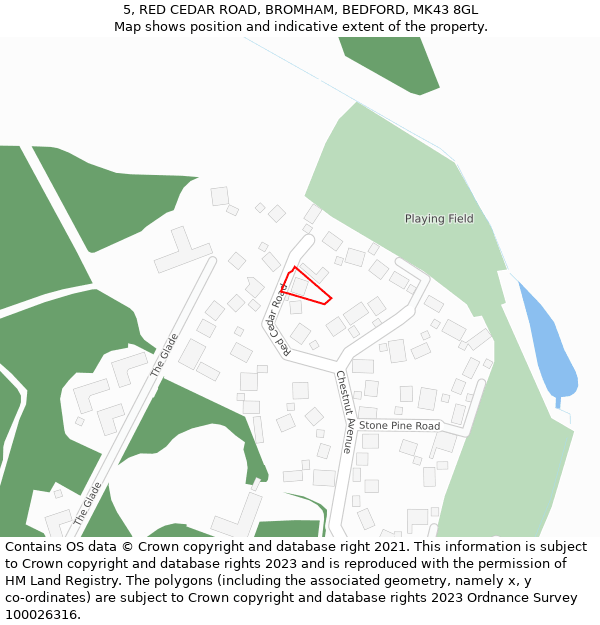 5, RED CEDAR ROAD, BROMHAM, BEDFORD, MK43 8GL: Location map and indicative extent of plot