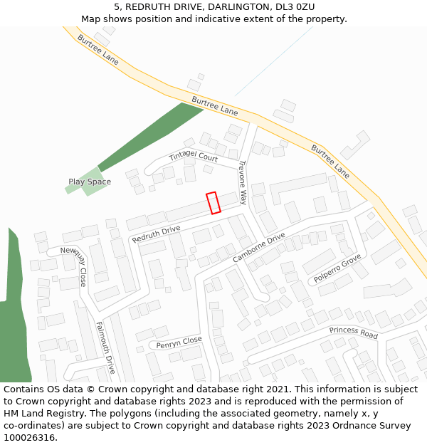 5, REDRUTH DRIVE, DARLINGTON, DL3 0ZU: Location map and indicative extent of plot