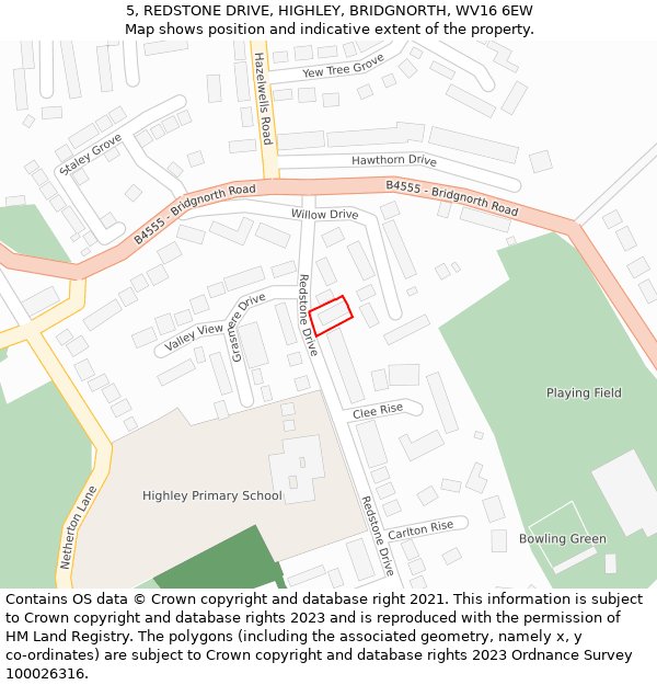 5, REDSTONE DRIVE, HIGHLEY, BRIDGNORTH, WV16 6EW: Location map and indicative extent of plot