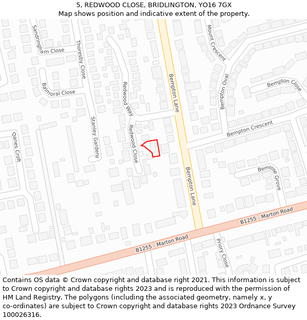 5, REDWOOD CLOSE, BRIDLINGTON, YO16 7GX: Location map and indicative extent of plot