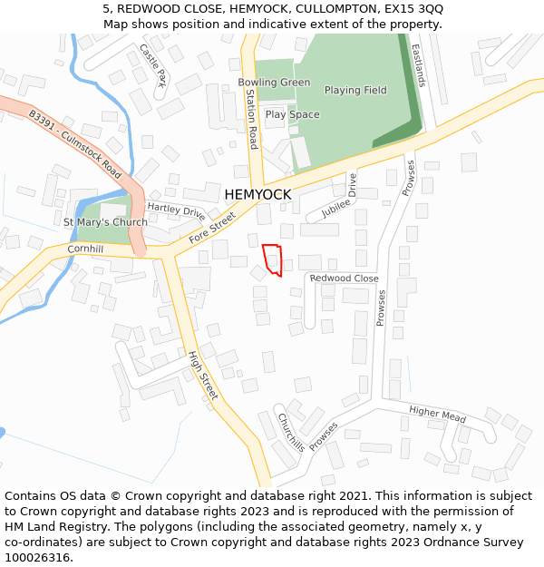 5, REDWOOD CLOSE, HEMYOCK, CULLOMPTON, EX15 3QQ: Location map and indicative extent of plot