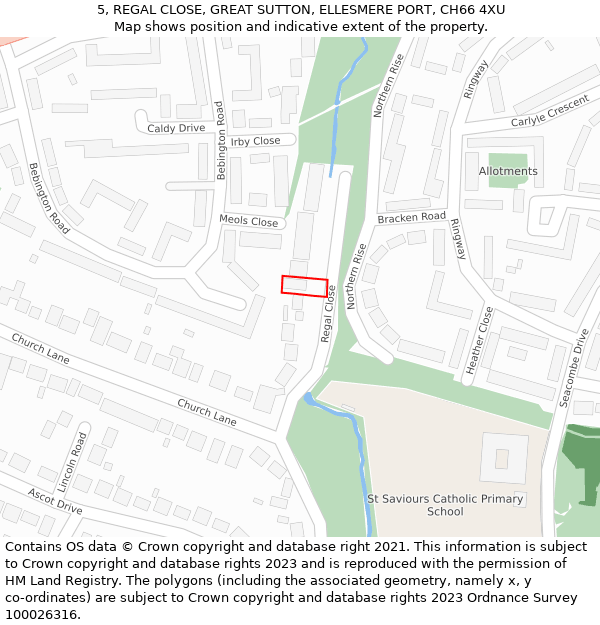 5, REGAL CLOSE, GREAT SUTTON, ELLESMERE PORT, CH66 4XU: Location map and indicative extent of plot