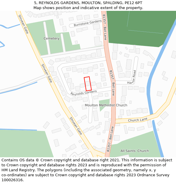 5, REYNOLDS GARDENS, MOULTON, SPALDING, PE12 6PT: Location map and indicative extent of plot