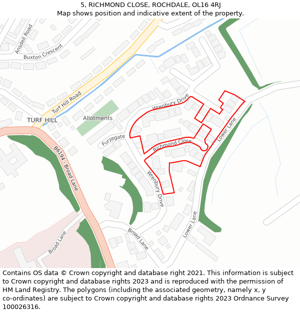 5, RICHMOND CLOSE, ROCHDALE, OL16 4RJ: Location map and indicative extent of plot