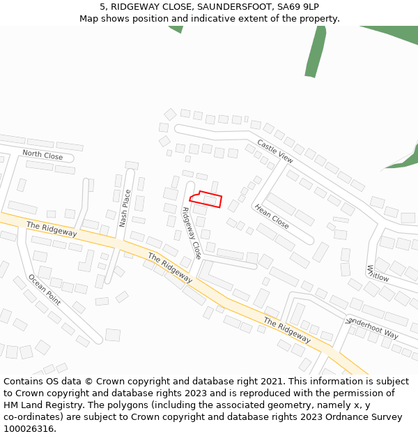 5, RIDGEWAY CLOSE, SAUNDERSFOOT, SA69 9LP: Location map and indicative extent of plot