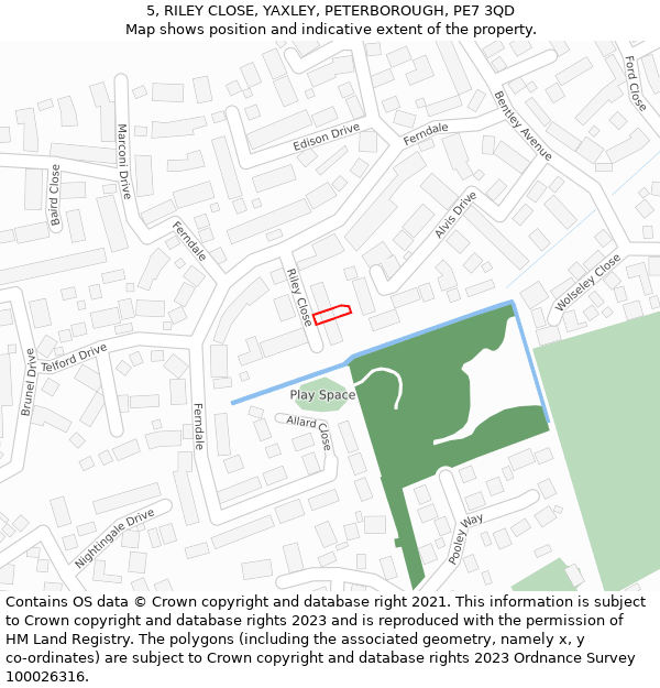 5, RILEY CLOSE, YAXLEY, PETERBOROUGH, PE7 3QD: Location map and indicative extent of plot