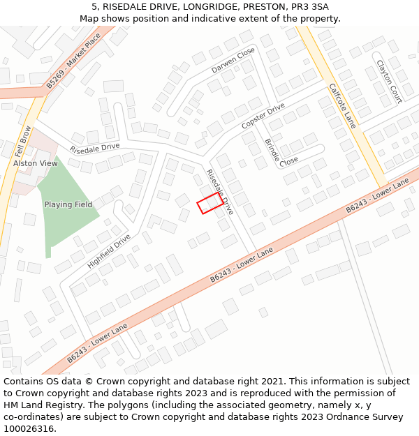 5, RISEDALE DRIVE, LONGRIDGE, PRESTON, PR3 3SA: Location map and indicative extent of plot