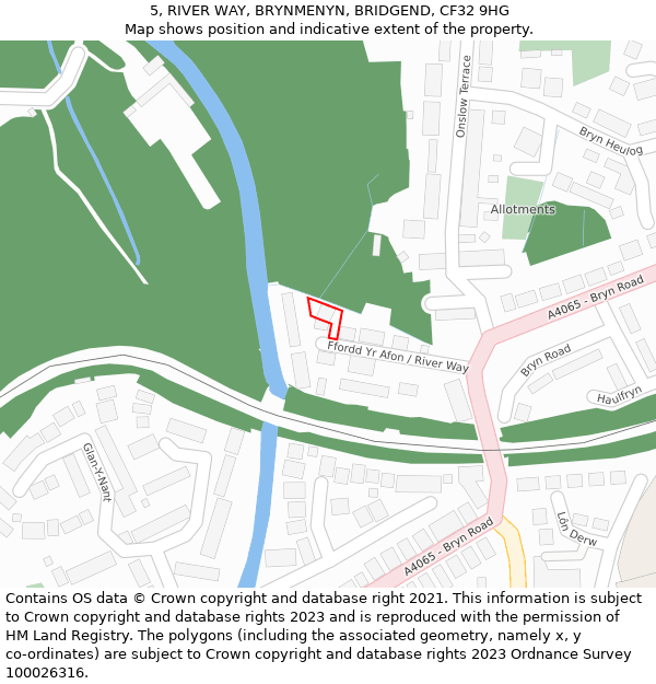 5, RIVER WAY, BRYNMENYN, BRIDGEND, CF32 9HG: Location map and indicative extent of plot