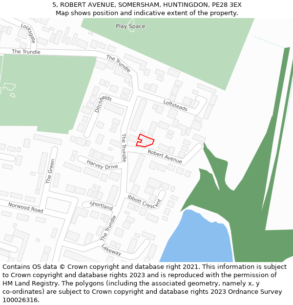 5, ROBERT AVENUE, SOMERSHAM, HUNTINGDON, PE28 3EX: Location map and indicative extent of plot