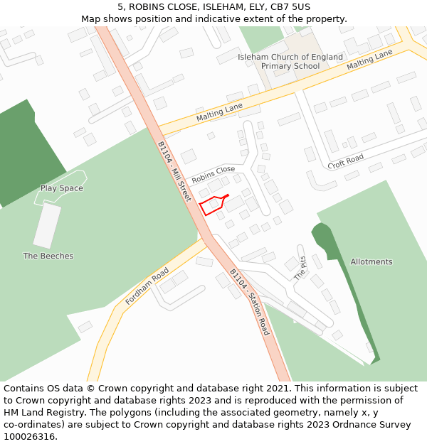 5, ROBINS CLOSE, ISLEHAM, ELY, CB7 5US: Location map and indicative extent of plot