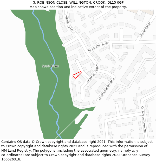 5, ROBINSON CLOSE, WILLINGTON, CROOK, DL15 0GF: Location map and indicative extent of plot