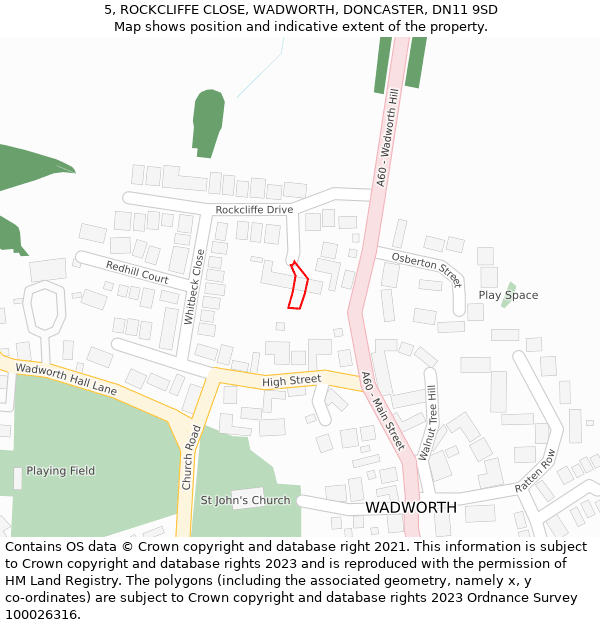 5, ROCKCLIFFE CLOSE, WADWORTH, DONCASTER, DN11 9SD: Location map and indicative extent of plot