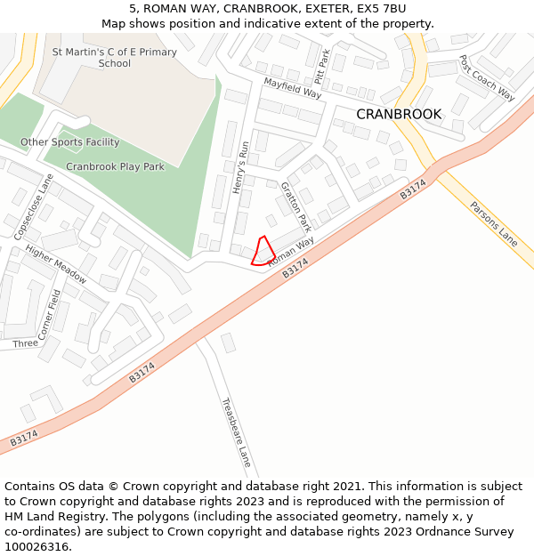 5, ROMAN WAY, CRANBROOK, EXETER, EX5 7BU: Location map and indicative extent of plot