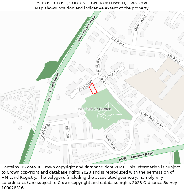 5, ROSE CLOSE, CUDDINGTON, NORTHWICH, CW8 2AW: Location map and indicative extent of plot