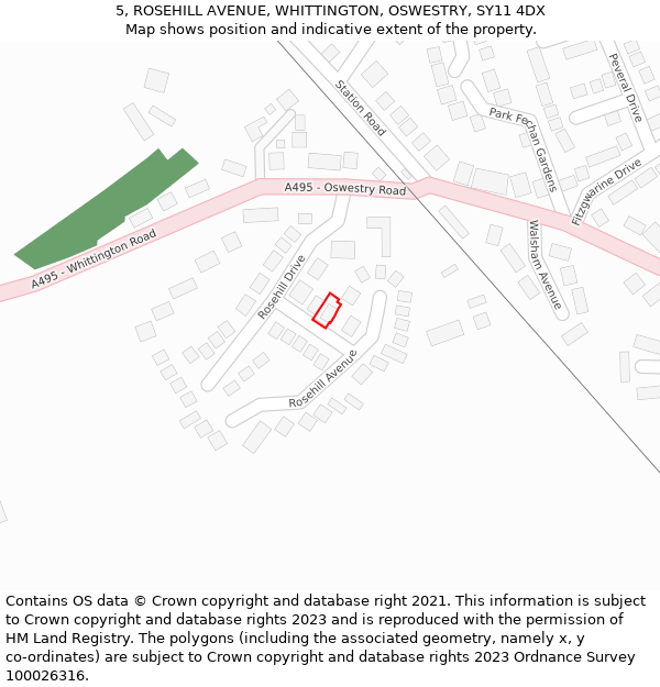 5, ROSEHILL AVENUE, WHITTINGTON, OSWESTRY, SY11 4DX: Location map and indicative extent of plot