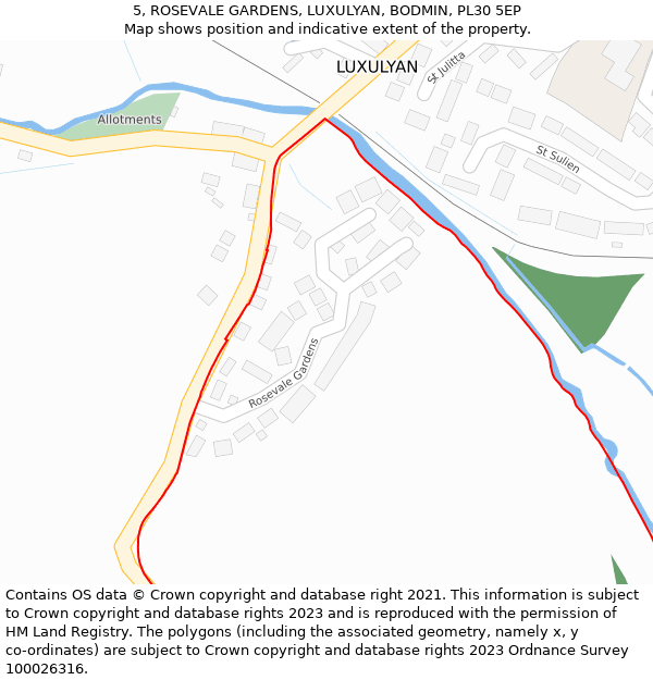 5, ROSEVALE GARDENS, LUXULYAN, BODMIN, PL30 5EP: Location map and indicative extent of plot