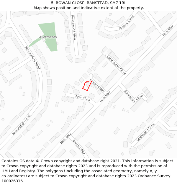 5, ROWAN CLOSE, BANSTEAD, SM7 1BL: Location map and indicative extent of plot