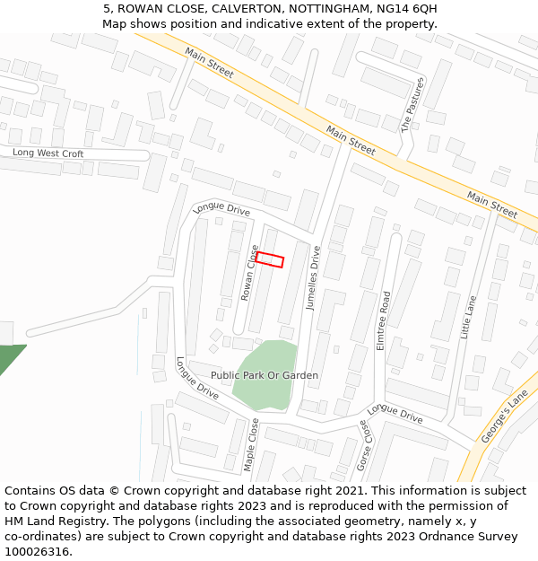 5, ROWAN CLOSE, CALVERTON, NOTTINGHAM, NG14 6QH: Location map and indicative extent of plot