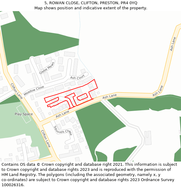 5, ROWAN CLOSE, CLIFTON, PRESTON, PR4 0YQ: Location map and indicative extent of plot