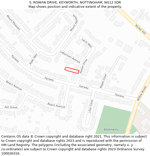 5, ROWAN DRIVE, KEYWORTH, NOTTINGHAM, NG12 5DR: Location map and indicative extent of plot