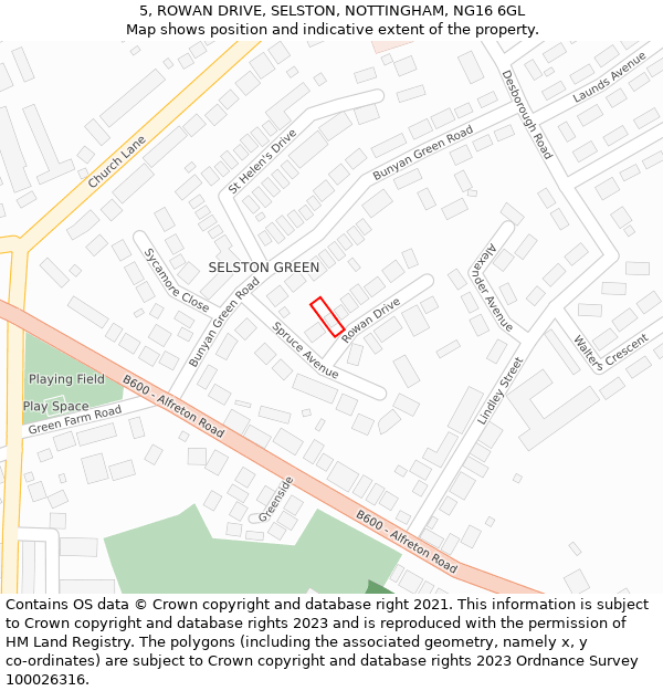 5, ROWAN DRIVE, SELSTON, NOTTINGHAM, NG16 6GL: Location map and indicative extent of plot