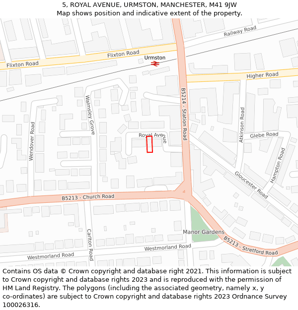 5, ROYAL AVENUE, URMSTON, MANCHESTER, M41 9JW: Location map and indicative extent of plot