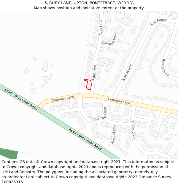 5, RUBY LANE, UPTON, PONTEFRACT, WF9 1FA: Location map and indicative extent of plot