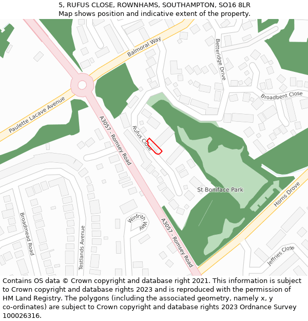 5, RUFUS CLOSE, ROWNHAMS, SOUTHAMPTON, SO16 8LR: Location map and indicative extent of plot