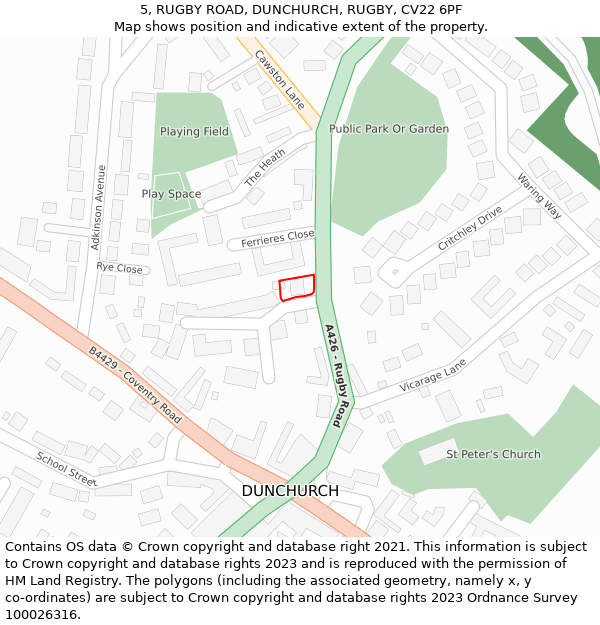 5, RUGBY ROAD, DUNCHURCH, RUGBY, CV22 6PF: Location map and indicative extent of plot