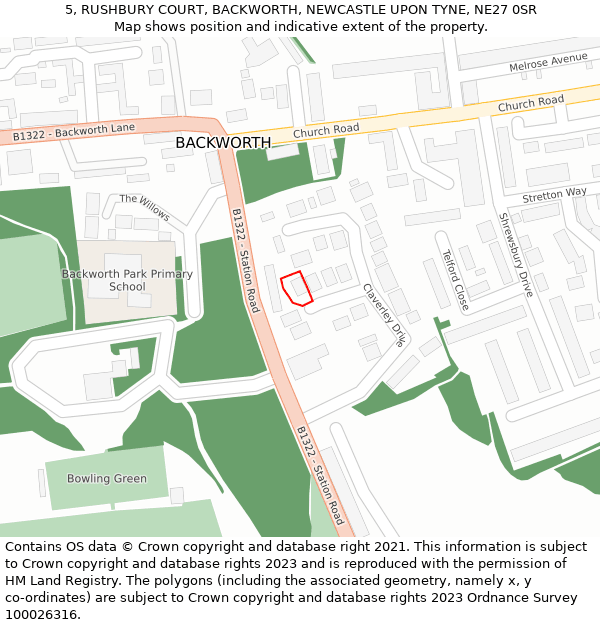 5, RUSHBURY COURT, BACKWORTH, NEWCASTLE UPON TYNE, NE27 0SR: Location map and indicative extent of plot