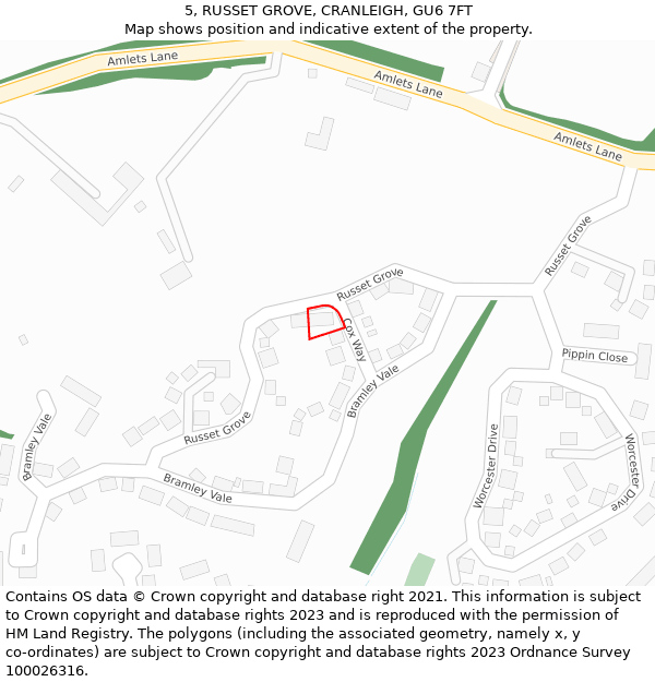 5, RUSSET GROVE, CRANLEIGH, GU6 7FT: Location map and indicative extent of plot