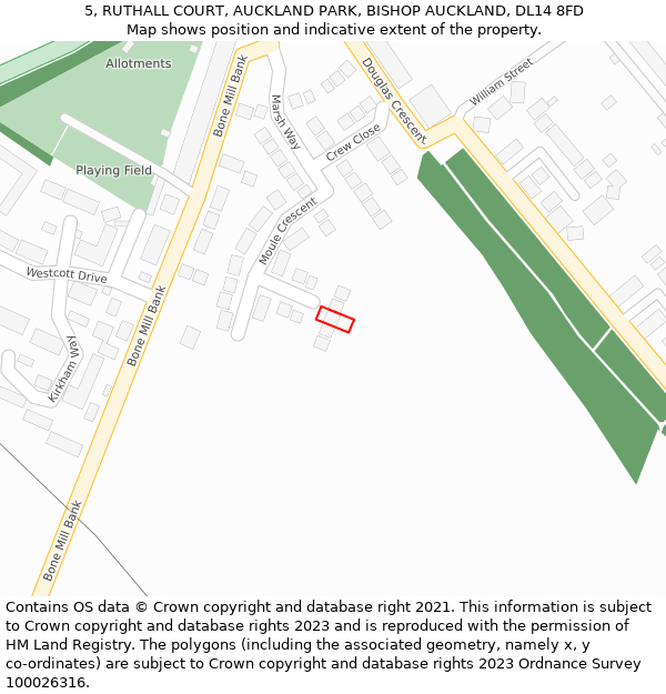 5, RUTHALL COURT, AUCKLAND PARK, BISHOP AUCKLAND, DL14 8FD: Location map and indicative extent of plot