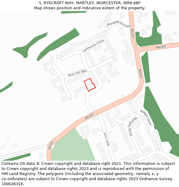 5, RYECROFT WAY, MARTLEY, WORCESTER, WR6 6BF: Location map and indicative extent of plot