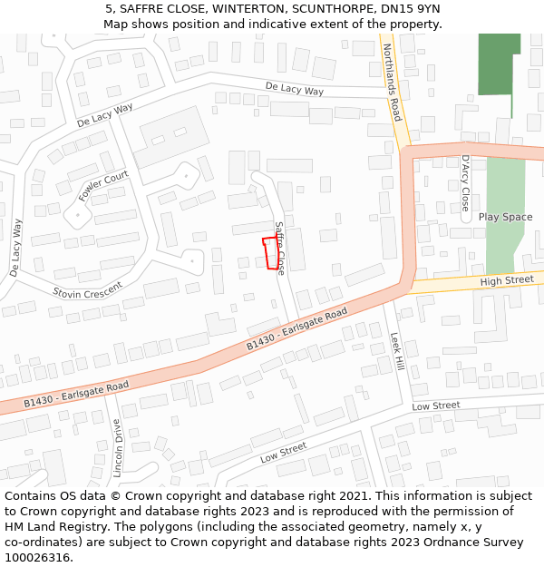 5, SAFFRE CLOSE, WINTERTON, SCUNTHORPE, DN15 9YN: Location map and indicative extent of plot