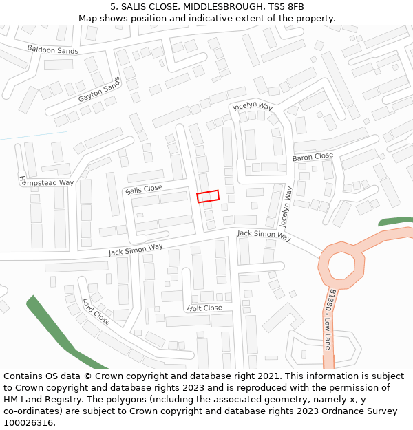 5, SALIS CLOSE, MIDDLESBROUGH, TS5 8FB: Location map and indicative extent of plot