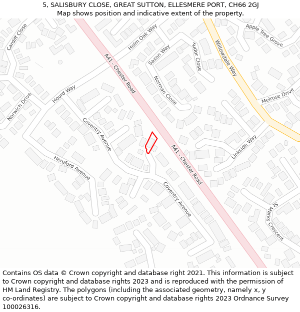 5, SALISBURY CLOSE, GREAT SUTTON, ELLESMERE PORT, CH66 2GJ: Location map and indicative extent of plot