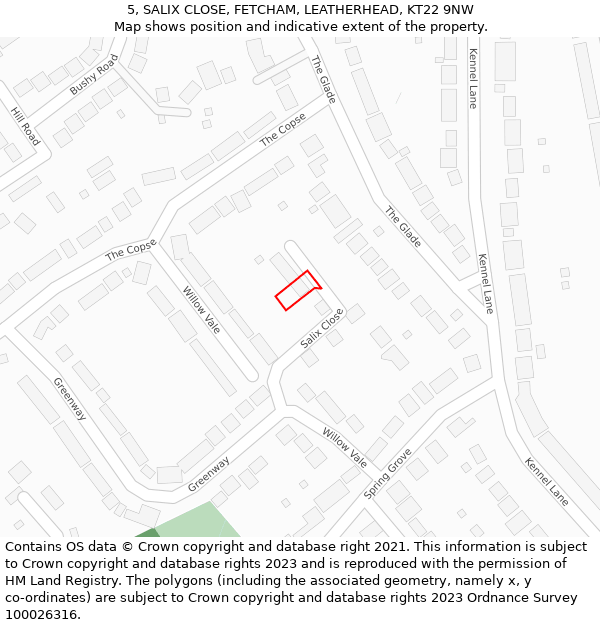 5, SALIX CLOSE, FETCHAM, LEATHERHEAD, KT22 9NW: Location map and indicative extent of plot