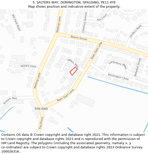 5, SALTERS WAY, DONINGTON, SPALDING, PE11 4YE: Location map and indicative extent of plot