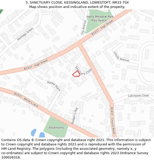 5, SANCTUARY CLOSE, KESSINGLAND, LOWESTOFT, NR33 7SX: Location map and indicative extent of plot