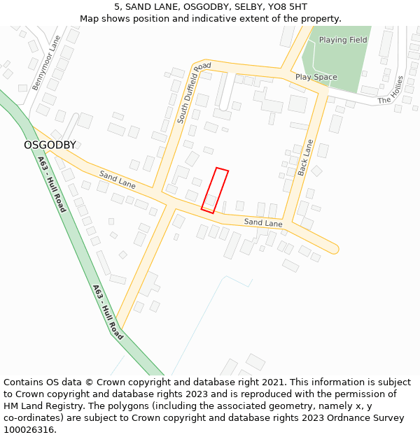 5, SAND LANE, OSGODBY, SELBY, YO8 5HT: Location map and indicative extent of plot