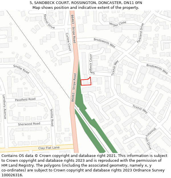 5, SANDBECK COURT, ROSSINGTON, DONCASTER, DN11 0FN: Location map and indicative extent of plot