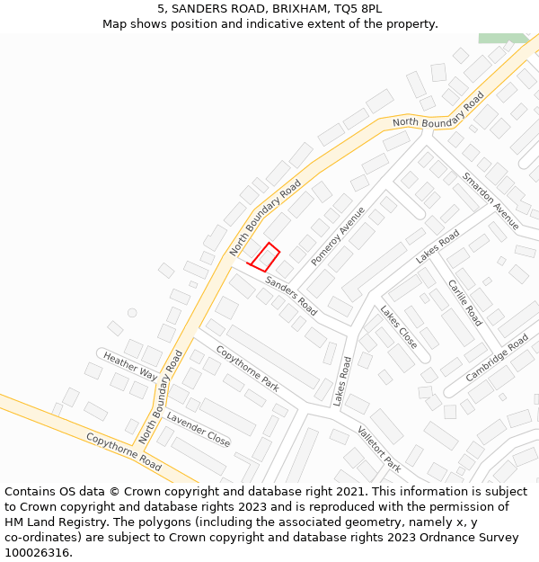 5, SANDERS ROAD, BRIXHAM, TQ5 8PL: Location map and indicative extent of plot