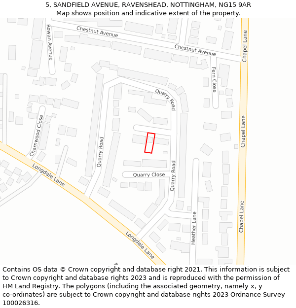 5, SANDFIELD AVENUE, RAVENSHEAD, NOTTINGHAM, NG15 9AR: Location map and indicative extent of plot