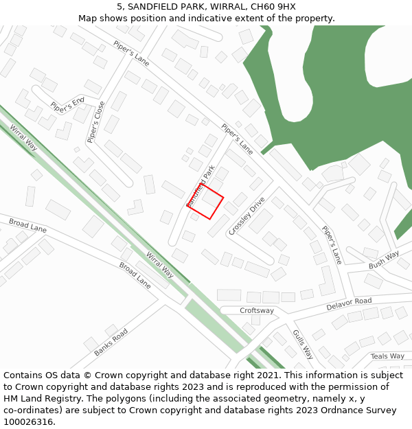 5, SANDFIELD PARK, WIRRAL, CH60 9HX: Location map and indicative extent of plot