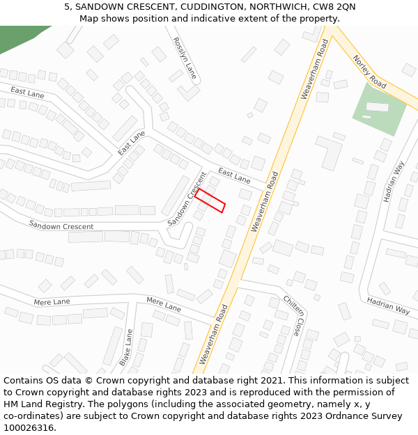 5, SANDOWN CRESCENT, CUDDINGTON, NORTHWICH, CW8 2QN: Location map and indicative extent of plot