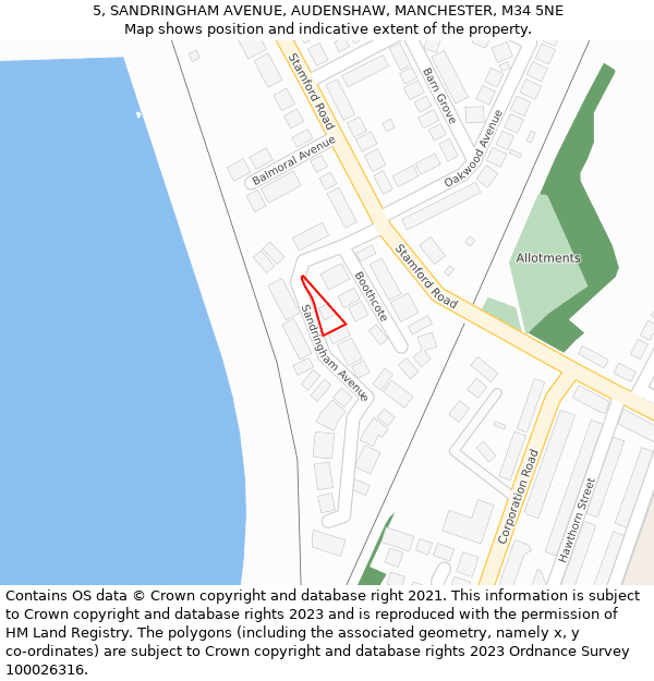 5, SANDRINGHAM AVENUE, AUDENSHAW, MANCHESTER, M34 5NE: Location map and indicative extent of plot