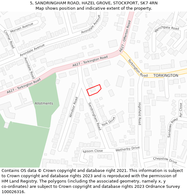 5, SANDRINGHAM ROAD, HAZEL GROVE, STOCKPORT, SK7 4RN: Location map and indicative extent of plot